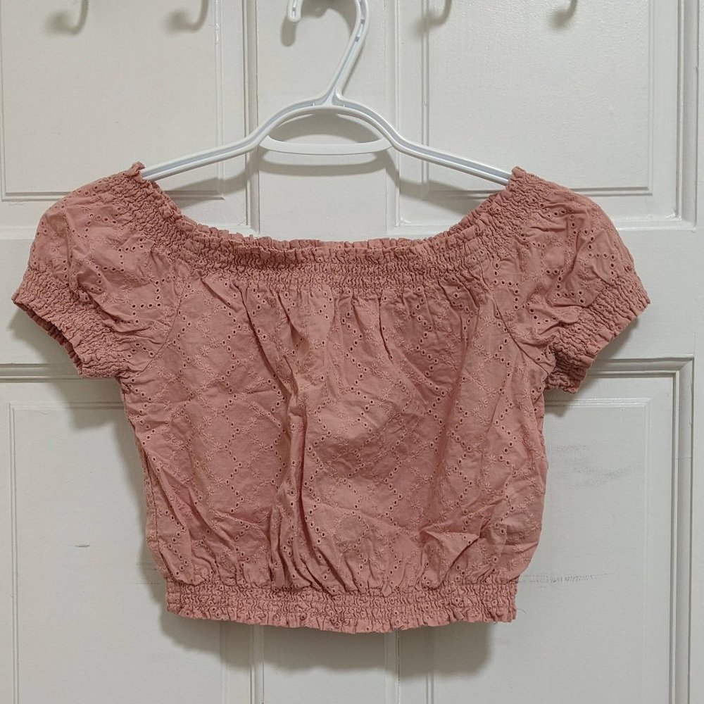 Off-the shoulder Pink Eyelet Cropped Shirt